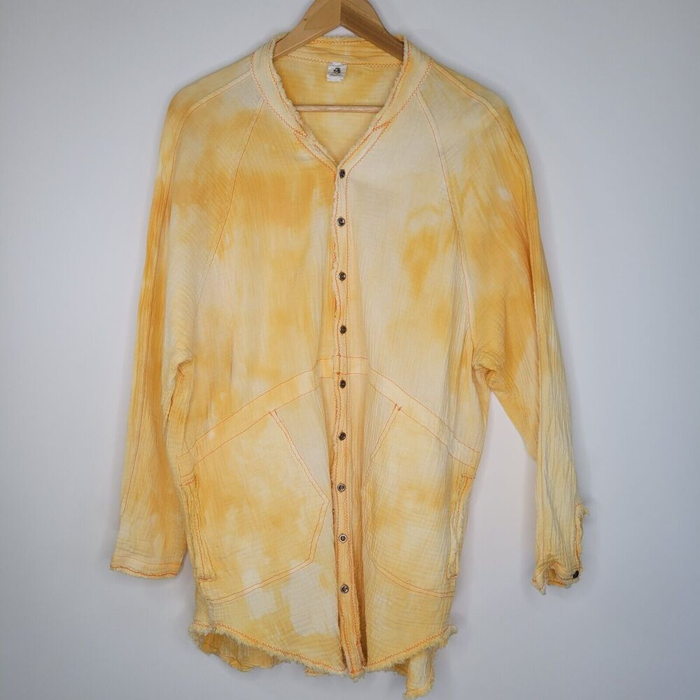 ANTHROPOLOGIE FLAWLESS Yellow Gauzy Cotton Shirt Sz M Tie Dye Oversized Longline - Picture 1 of 11